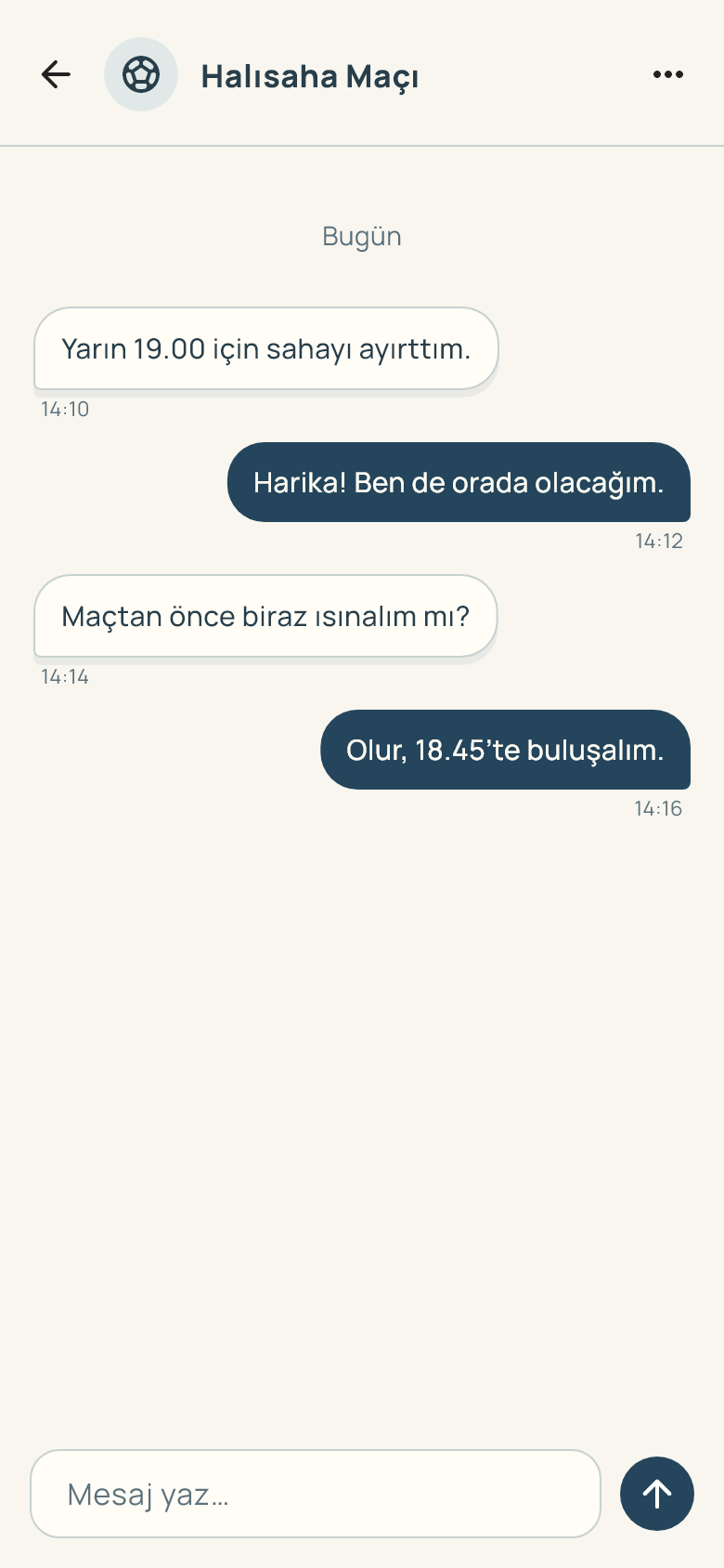 Sohbet ekranı: örnek bir halısaha buluşmasının mesajları