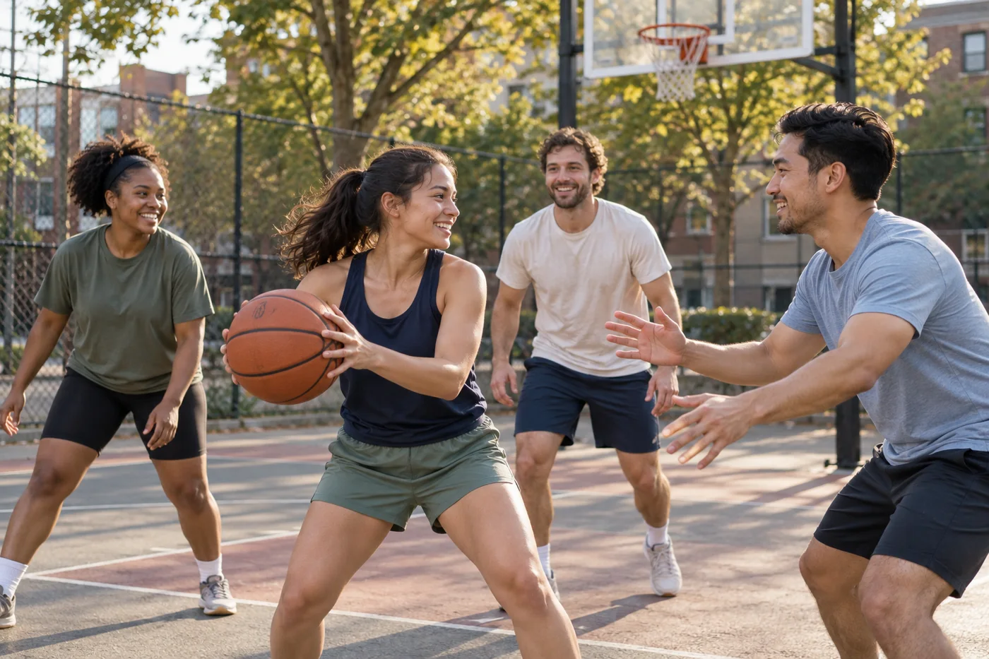 Açık sahada birlikte basketbol oynayan dört yetişkini gösteren temsili yapay zekâ görseli