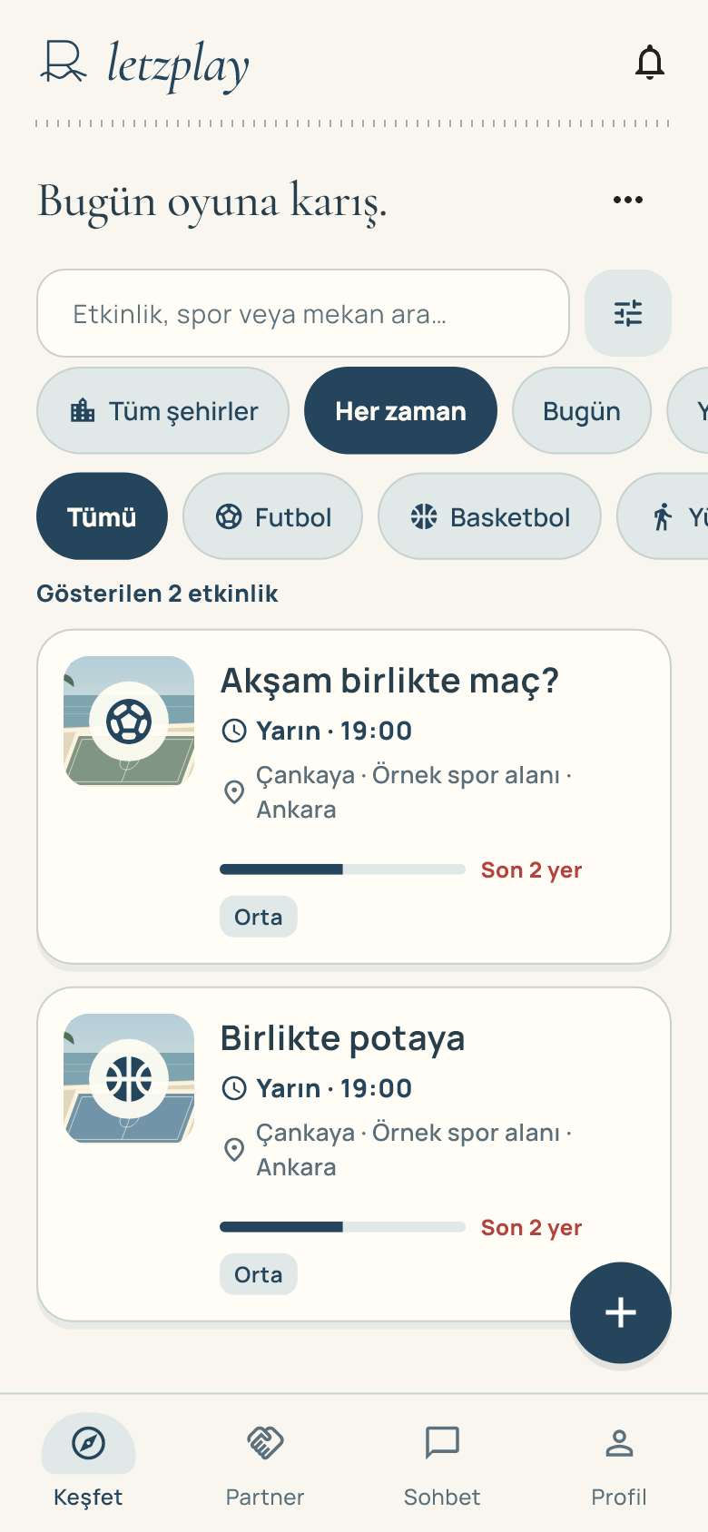 Keşfet ekranı: spor ve şehir filtreleriyle örnek etkinlikler