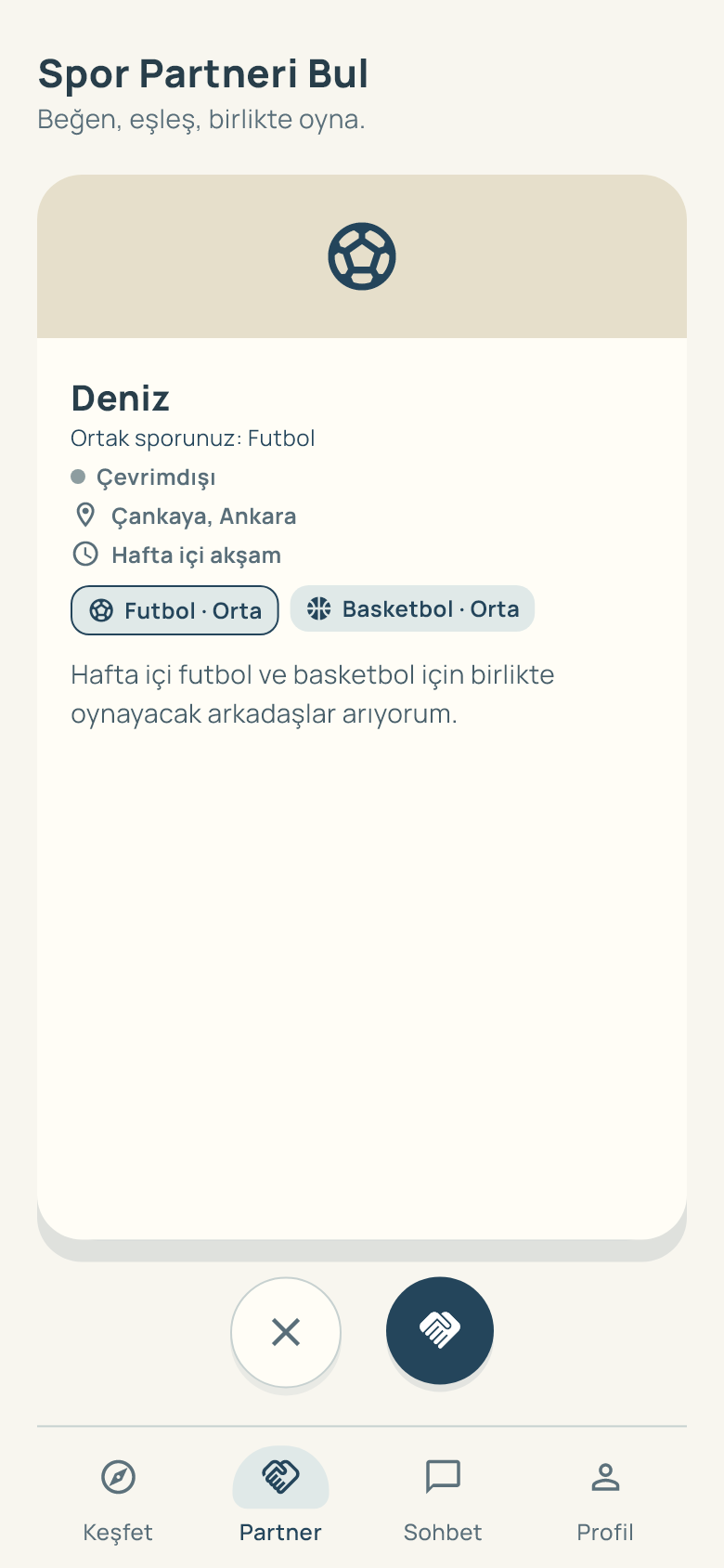 Partner ekranı: ortak sporlar ve seviye bilgisiyle örnek sporcu profili